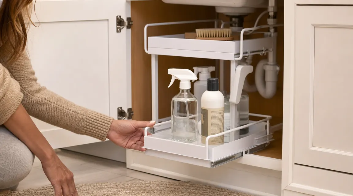 Hand pulling out the bottom tier of a PXRACK under-sink organizer loaded with cleaning supplies