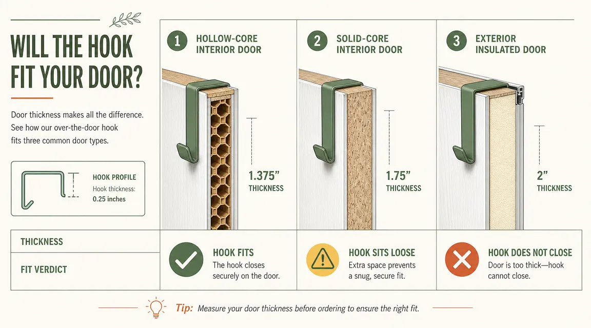 Door compatibility chart comparing hollow-core interior doors at 1.375 inches, solid-core interior doors at 1.75 inches, and exterior doors at 2 inches, with green checkmarks and red X marks for hook fit