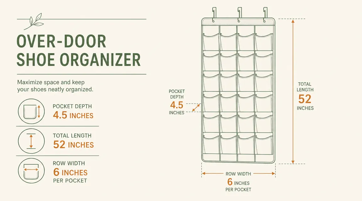 Comparison chart showing mesh pocket depth measurements at 4.5 inches and organizer total length at 52 inches