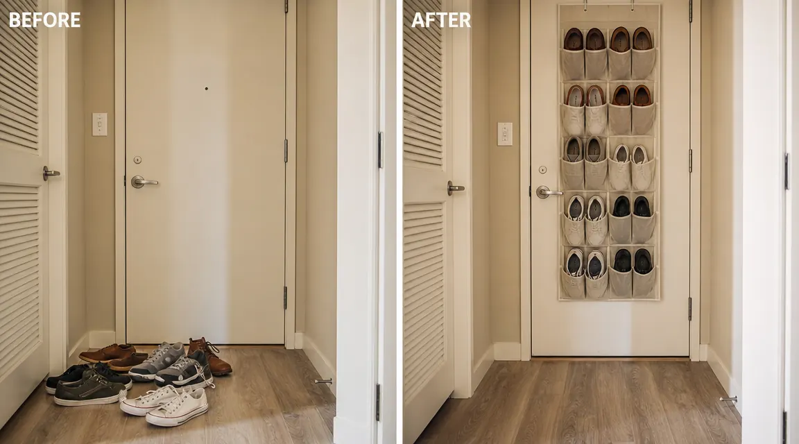 Side-by-side view of a cluttered entryway floor with shoes piled by the door versus the same door with an over-door organizer and a clear floor