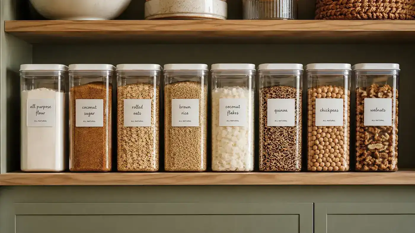 Eight CHEFSTORY containers on a pantry shelf with handwritten labels reading flour, sugar, rice, oats, pasta, coffee, lentils, breadcrumbs