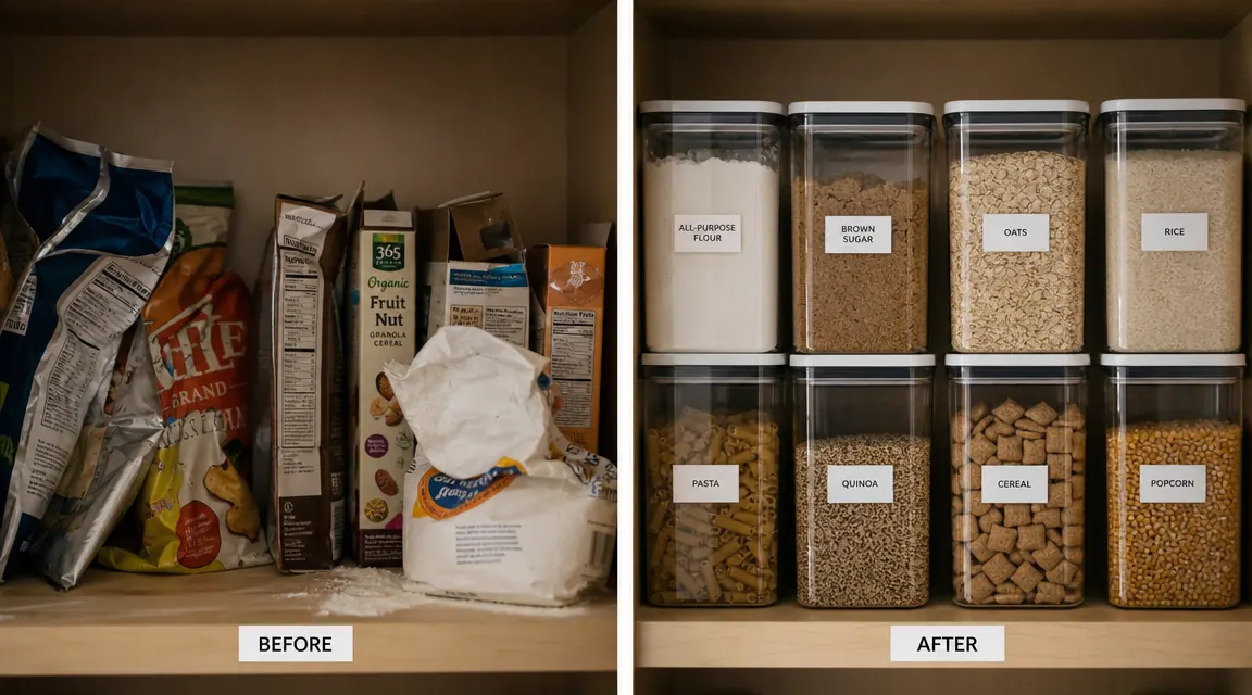 Side-by-side comparison showing a pantry shelf before reorganization with bags and boxes versus after with uniform clear canisters