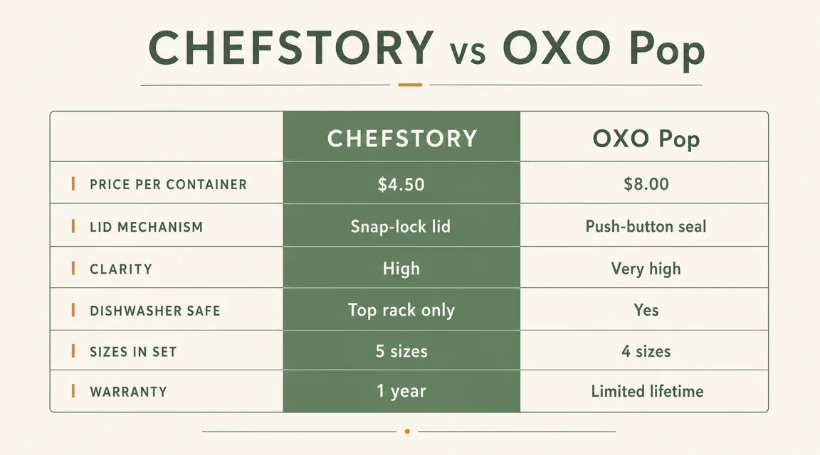 Chart comparing CHEFSTORY and OXO Pop containers across price, lid mechanism, clarity, and warranty