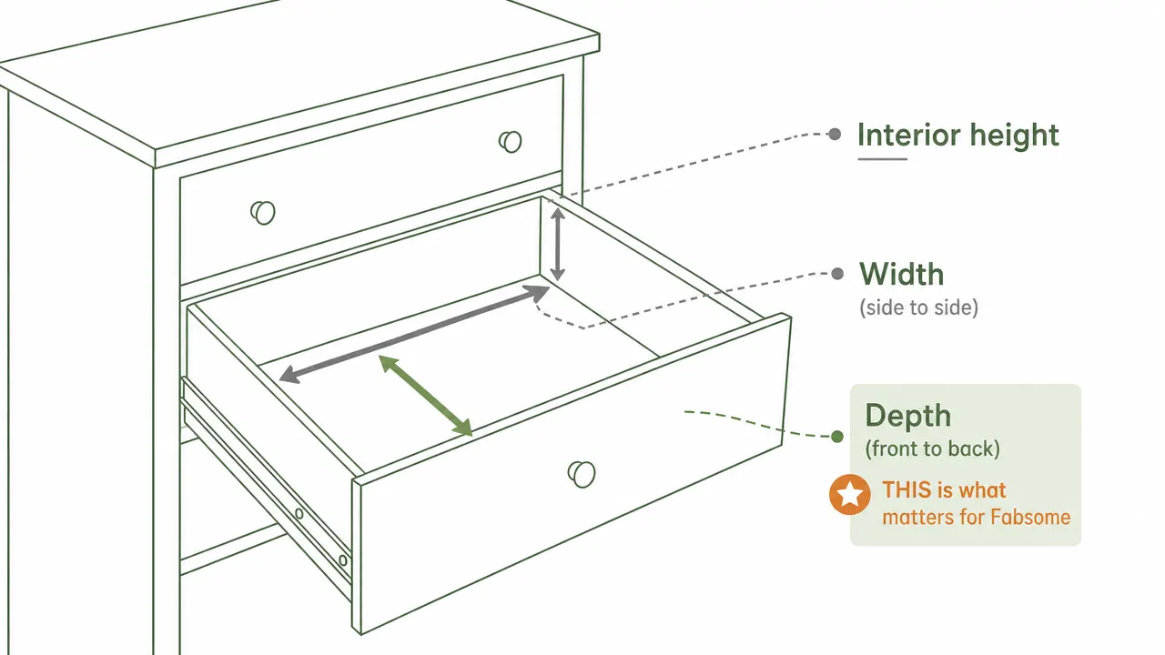 Diagram showing three measurement dimensions of a drawer: depth front-to-back, width side-to-side, and interior height, with the depth dimension highlighted in green