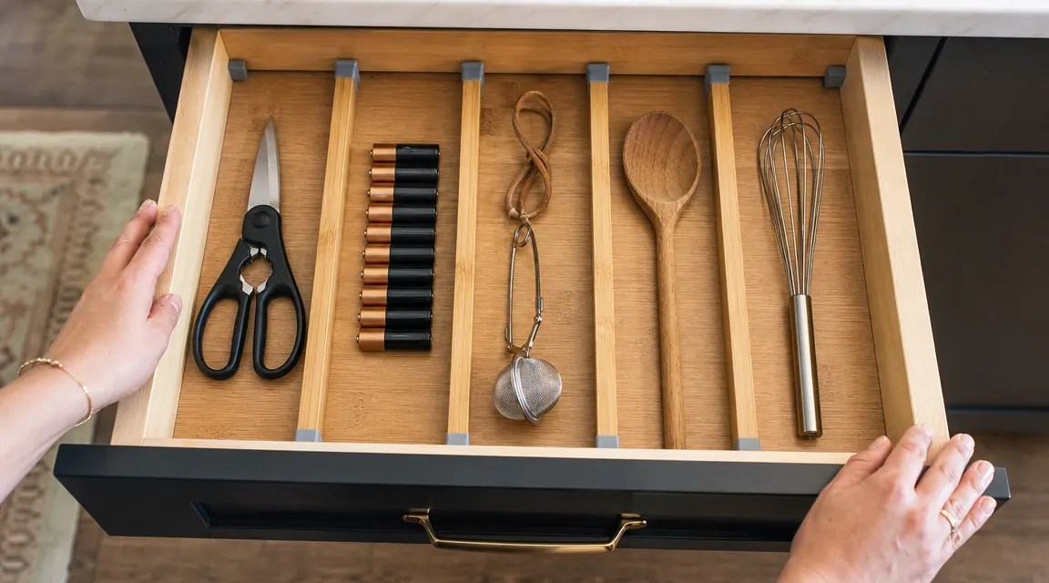 Six bamboo drawer dividers installed in a kitchen junk drawer, creating neat sections for tools, batteries, and cords