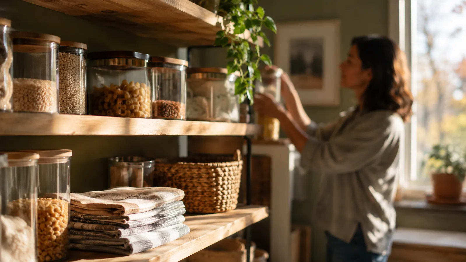 A warm, lived-in apartment with an organized open closet, a tidy pantry shelf, and a small entryway with shoes neatly tucked away