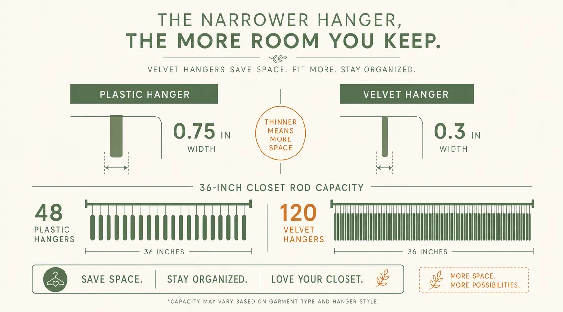 Side-by-side chart comparing hanger thickness: plastic at 0.75 inches vs velvet at 0.3 inches, with rod capacity math
