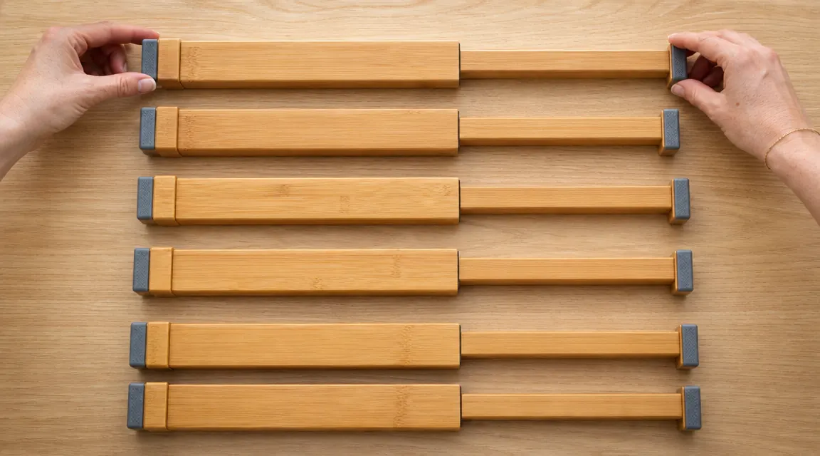 Full set of six Fabsome bamboo drawer dividers laid out on a table before installation