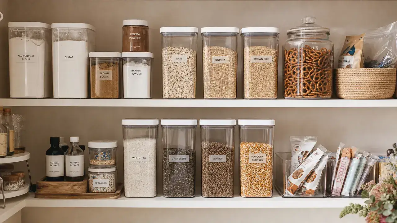 Finished pantry shelf with all containers filled, labeled, and arranged by category showing before-and-after contrast