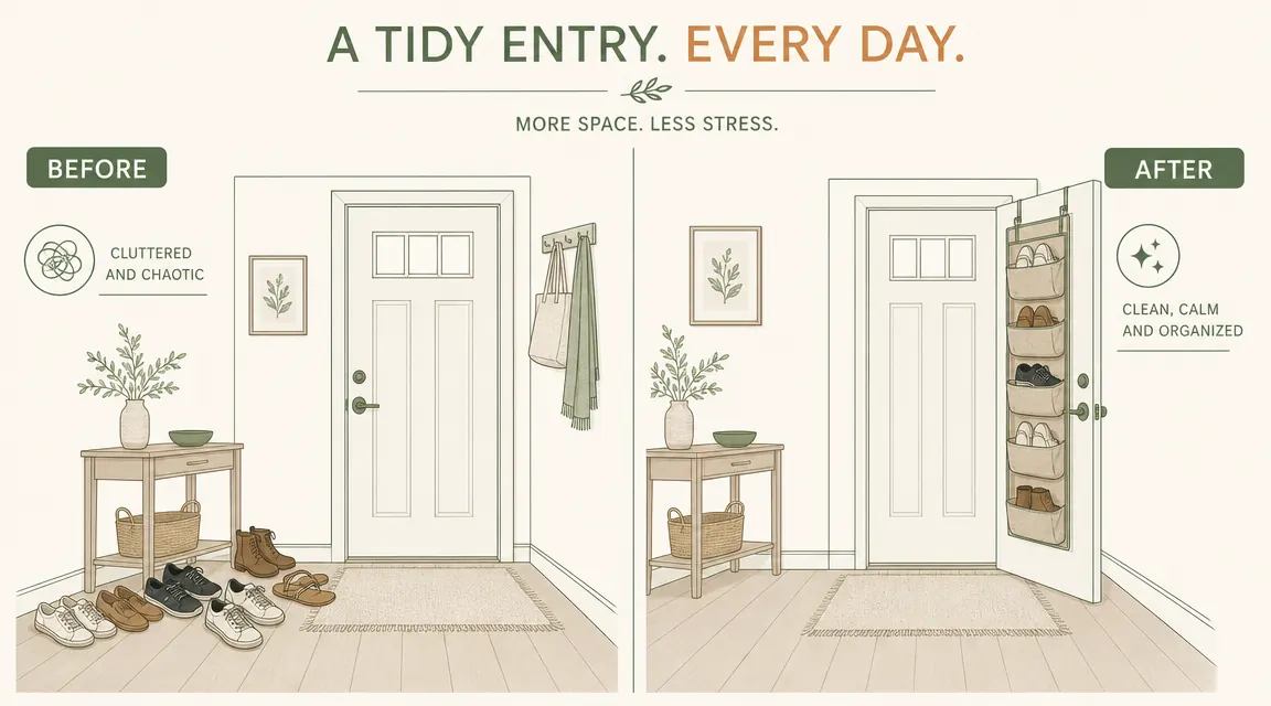 Entryway floor before and after comparison: left side shows shoe pile chaos, right side shows bare clean floor