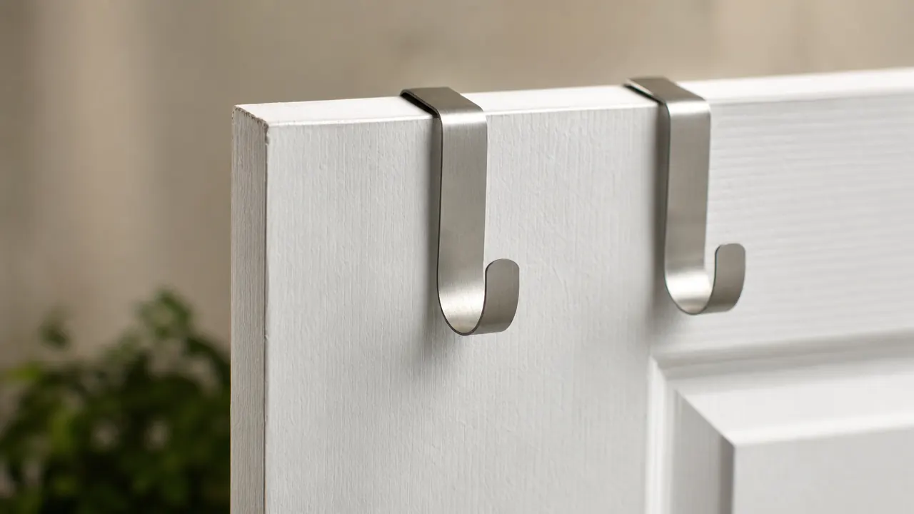 Close-up of metal over-door hooks resting on the top of an interior door frame without screws