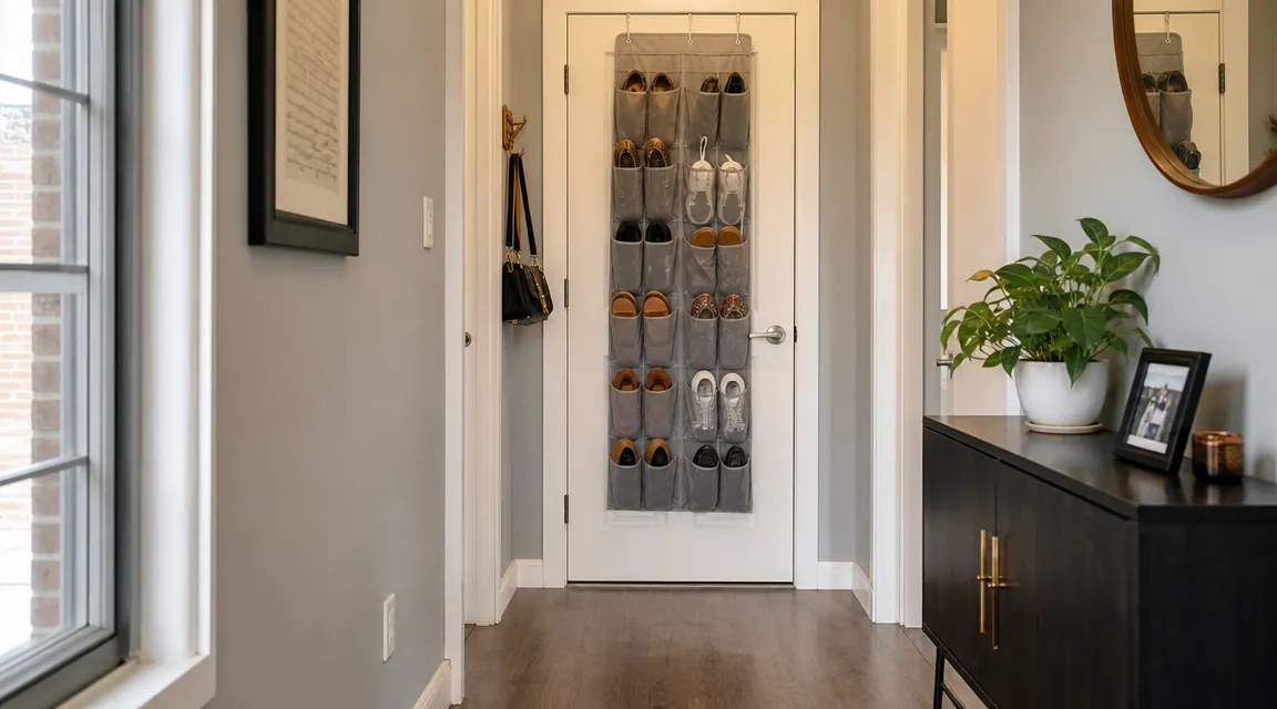 Tidy entryway showing door-mounted shoe organizer and clear floor space