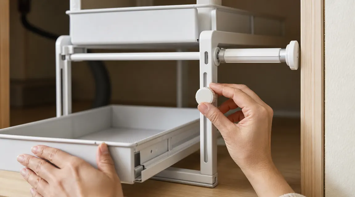 Close-up of the PXRACK organizer tension foot being twisted to expand against the cabinet side wall, showing the rubber pad and metal threaded post