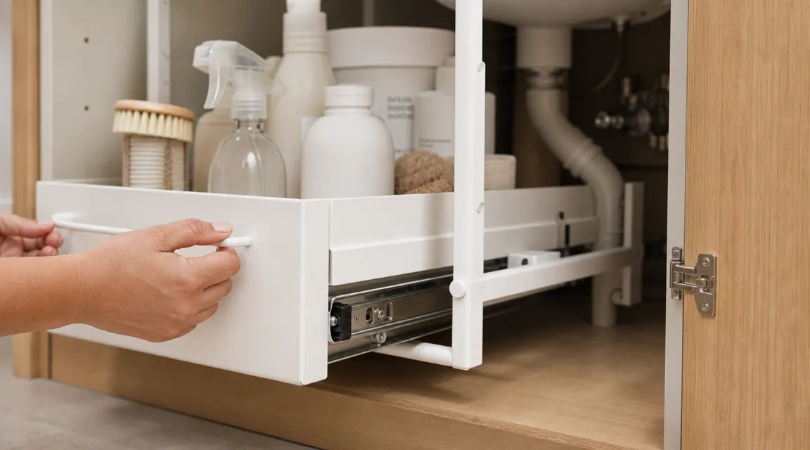 Hand pulling the lower tier of the PXRACK organizer outward from under the bathroom sink cabinet, showing the slide mechanism and white metal frame