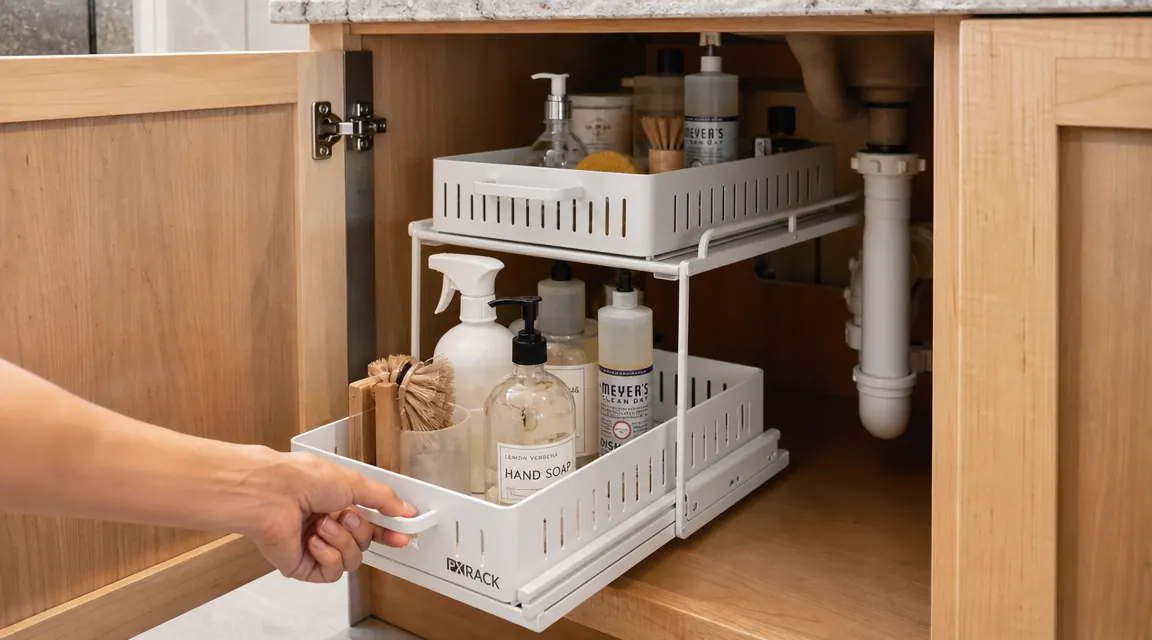 Hand pulling out the PXRACK white metal slide-out drawer from under a bathroom sink, showing bottles of cleaning spray and hand soap within easy reach
