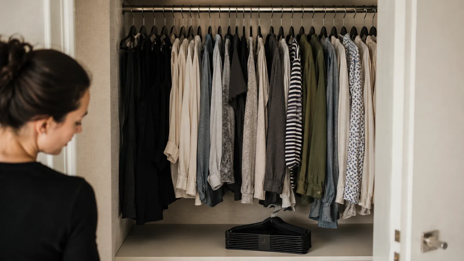 Full closet rod with uniform velvet hangers, neatly spaced garments, and a small stack of leftover unused hangers bundled with a rubber band below