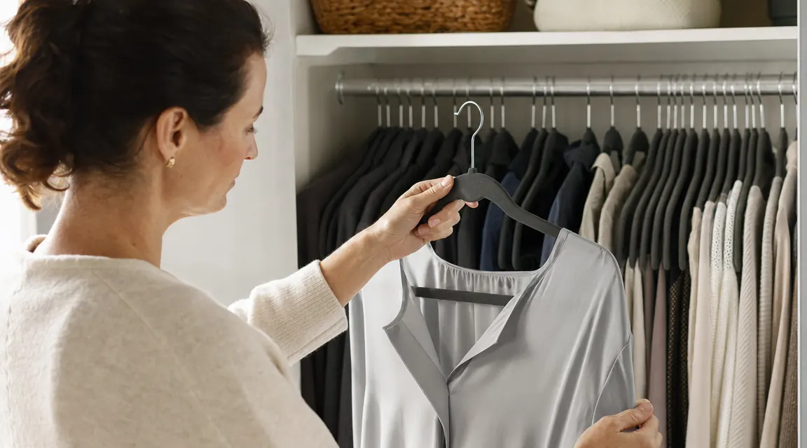 Hand sliding a grey blouse onto a velvet hanger over a clothing rod packed tightly with similar hangers